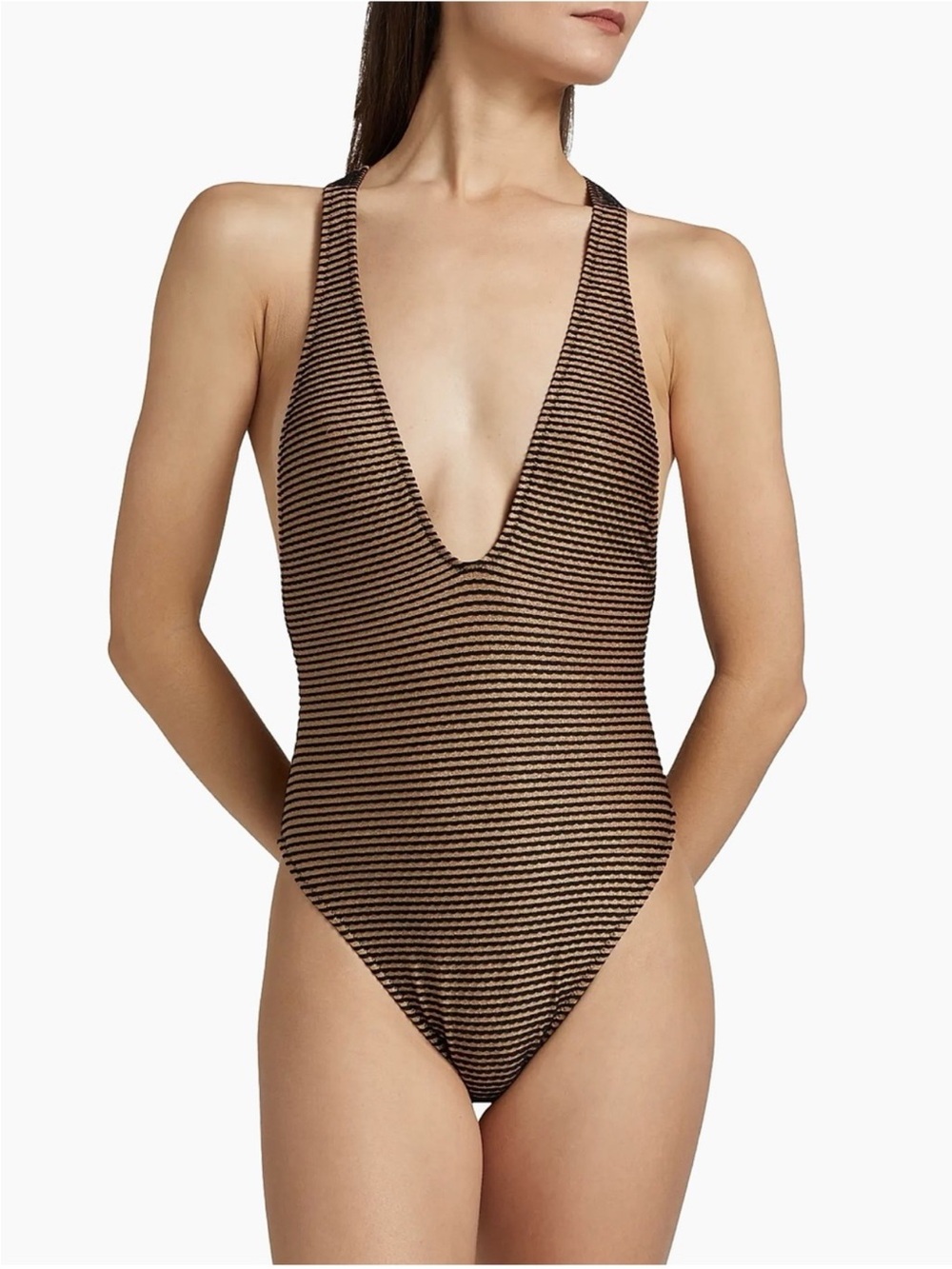 Ulla Johnson Black and Brown Striped Deep V One-Piece Swimsuit